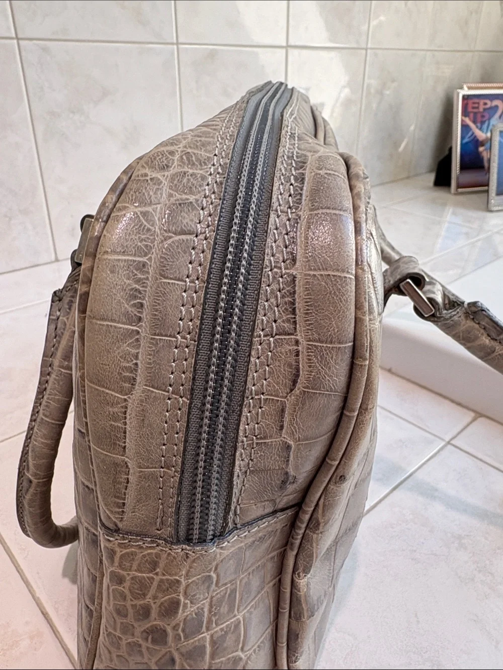 Tanner, Made in Italy ,Croc-Embossed Taupe/Gray Leather Top-zip Satchel